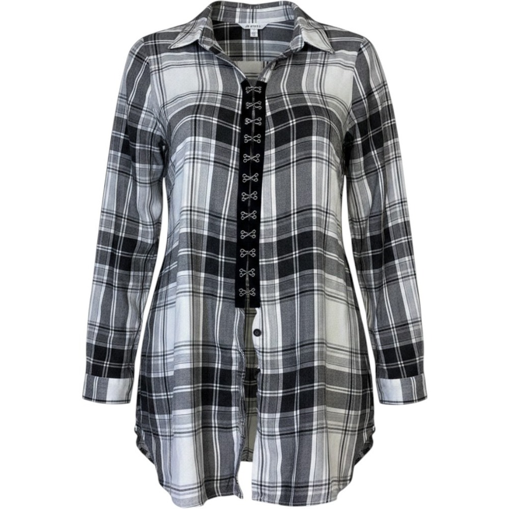 ASOS Women Black White Plaid Hook and Eye Longline Shirt US 10 Grunge‎ Top